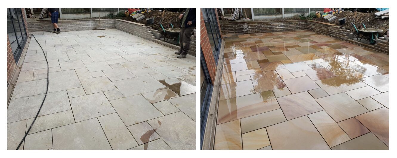 Patio pavers before and after professional restoration
